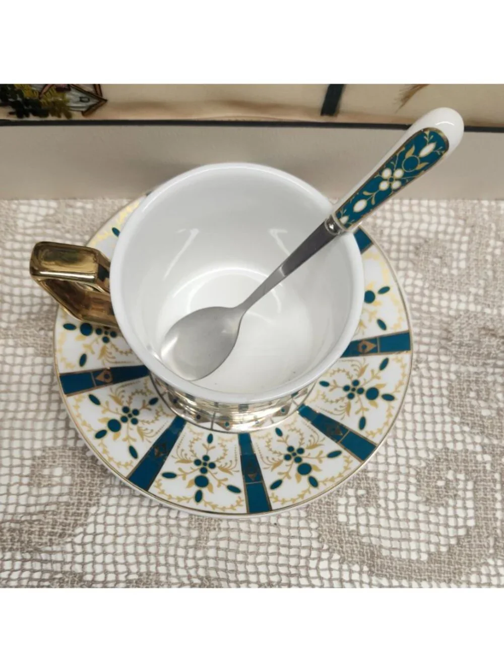 Bold Design Porcelain Tea Cup With Saucer & Matching Spoon - Intricate Blue & Go